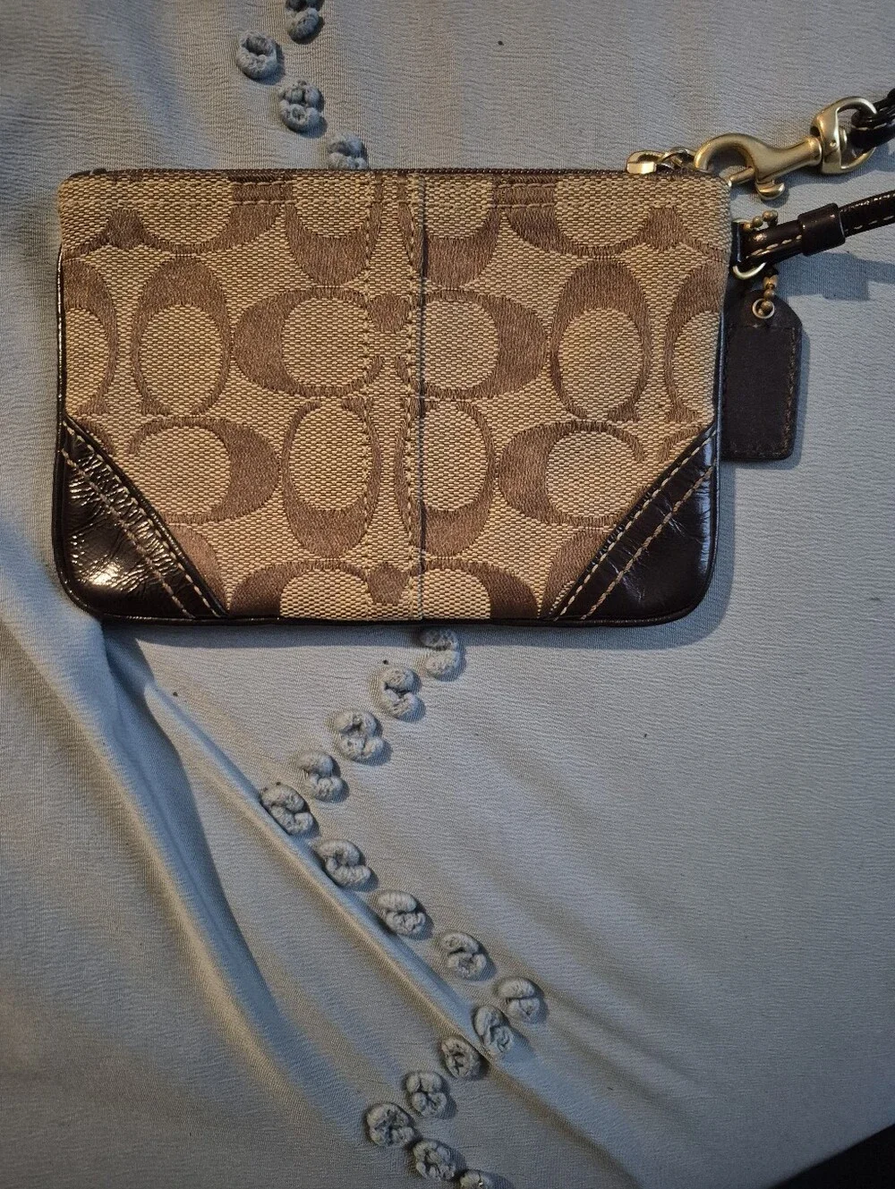 Coach Tan/Brown Signature Canvas Wristlet with Leather Trim